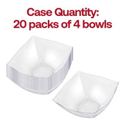Bulk pack of 80 8 oz clear wave square plastic bowls, 20 packs of 4 bowls each, perfect for professional catering and large-scale event hosting.