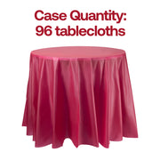 Bulk pack of 96 burgundy round disposable plastic tablecloths, 84-inch wide, ideal for large-scale events and catering.