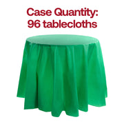 Bulk pack of 96 hunter green round disposable plastic tablecloths, 84-inch size, perfect for large-scale event settings.