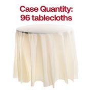 Bulk pack of 96 ivory round disposable plastic tablecloths, each 84 inches, ideal for large-scale event settings.