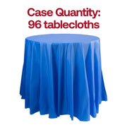 Bulk pack of 96 navy round disposable plastic tablecloths, 84-inch size, ideal for catering and large event coordination.