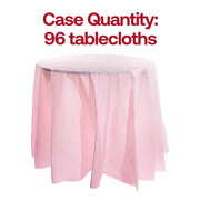 Bulk pack of 96 pink round disposable plastic tablecloths, 84-inch size, great for large events or catering setups.