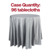 Bulk pack of 96 silver round plastic tablecloths, 84-inch disposable design, ideal for large-scale parties or catering.