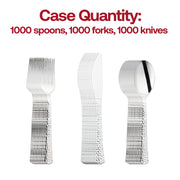 Bulk pack of metallic silver hammered plastic cutlery set for 1,000 guests, great for weddings, parties, and corporate events
