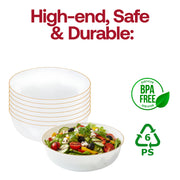 Bulk pack of white disposable plastic bowls with gold rim, 12 packs of 10 bowls, ideal for large events and catering.