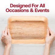 Bulk set includes 4 packs of 25 rectangular palm leaf trays, totaling 100 trays for event and catering use