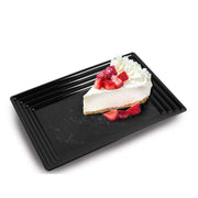 Bulk set includes 8 packs of 3 black rectangular plastic trays, totaling 24 trays, ideal for catering or large gatherings