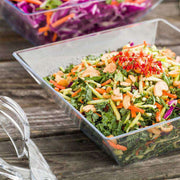 Bulk set includes 8 packs of 3 clear square plastic serving bowls, totaling 24 bowls, ideal for large events and catering