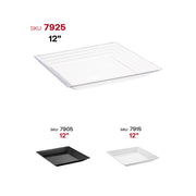 Bulk set includes 8 packs of 3 clear square plastic trays, totaling 24 trays for catering and large events