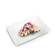 Bulk set includes 8 packs of 3 white rectangular plastic trays, totaling 24 trays for catering and large events