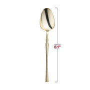 Bulk set of 300 shiny gold Moderno plastic dinner spoons, 8.1 inches, ideal for restaurants, large events, and catered occasions.