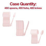 Bulk set of 480 disposable pink plastic utensils with ornate Baroque details, ideal for easy cleanup at parties and events