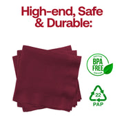 Burgundy red paper beverage napkins, 10" x 10", BPA-free and food-safe, perfect for stylish and worry-free drink service.