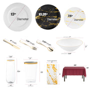 Burgundy tablecloth adds a rich contrast to gold cutlery and champagne flutes.