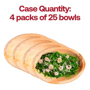 Case includes 100 Oval Palm Leaf Eco Friendly Disposable Bowls packed in 4 sealed bundles of 25 bowls for easy storage