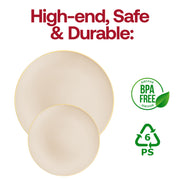 Case includes 12 packs of 10 ivory with gold rim dinner plates, ideal for large-scale events.