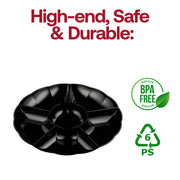 Case includes 12 packs of 2 black big 6-partition round disposable trays, perfect for catering or large events