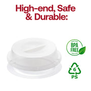 Case includes 4 packs of 125 clear round HIPS dome short lids, ideal for large events and catering