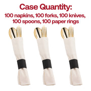 Case of 100 gold plastic cutlery sets with white napkin rolls, lightweight and ideal for large-scale catering.
Complete gold plastic cutlery set with white napkin rolls, disposable and perfect for special occasions, serves 100 guests.