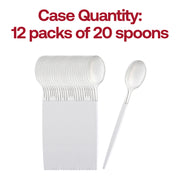 Case of 240 stylish silver disposable spoons featuring elegant white handles, ideal for events