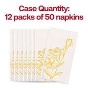 Case of 600 gold floral paper dinner napkins, offering the perfect size and quantity for large-scale entertaining
