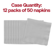 Case of 600 shimmering silver paper beverage napkins, 10" x 10", designed for large gatherings, banquets, and elegant celebrations.