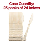 Case of 600 shiny gold plastic knives, 7.5 inches, offering a modern and stylish touch to table settings