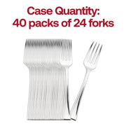 Case of 960 shiny metallic silver mini plastic tasting forks, 4 inches long, lightweight and convenient for events