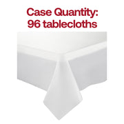 Case of 96 clear rectangular plastic tablecloths, 54" x 108", durable disposable design for events and catering.