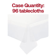 Case of 96 clear rectangular plastic tablecloths, 54" x 108", durable disposable design for events and catering.