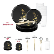 Celebrate in style using BPA-free black dinner plates with matching gold-rimmed accessories