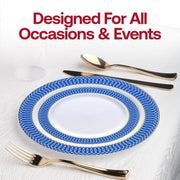Celebrate in style with the White with Gold Spiral on Blue Rim Plastic Set, blending luxury and bold color