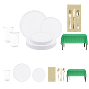 Celebrate victory with the White, Green, and Gold sports-themed disposable dinnerware set.