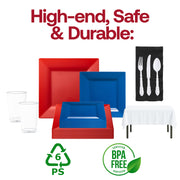 Celebrate wins in style with elegant white cutlery and a sharp red-and-blue color palette.