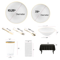 Celebrate with gold-rim dinnerware, black tablecloths, and white napkins from the Traditions Set