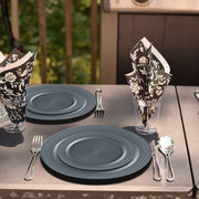 Charcoal gray dinner and salad plates shown side by side with SKU codes and labeled sizes of 10 inches and 7.25 inches for easy comparison