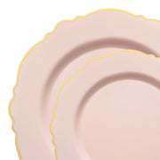 Charming pink round disposable dinnerware set with a decorative gold blossom rim, includes dinner plates and salad plates—ideal for festive occasions