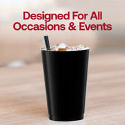 Chic and fancy black round plastic tumblers, 12 oz capacity, disposable and ideal for upscale events and celebrations