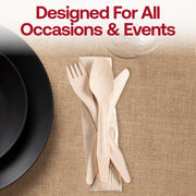 Chic and rustic natural birch wood cutlery set with napkin, 100-pack