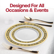 Chic and sophisticated party layout featuring the White with Black and Gold Royal Rim Plastic Wedding Value Set