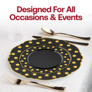Chic black plastic dinner plates with a modern gold dotted blossom design, round and disposable, pack of 120