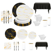 Chic black with gold marble charger plates for modern, high-end event styling.