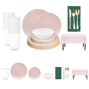 Chic brunch-themed disposable dinnerware set with pink and gold plates, metallic gold cutlery, and bold napkins for spring events.