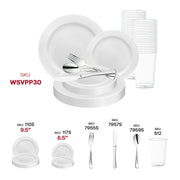 Chic_celebration_setup_showcasing_the_White_with_Silver_Edge_Rim_Plastic_Wedding_Value_Set_and_silver_flatware.