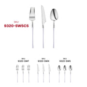 Chic disposable silver and white plastic cutlery set, complete with forks, knives, and spoons—perfect for elegant dining occasions and stylish events.