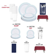 Chic disposable tableware set with shimmering silver cutlery, mosaic-rimmed plates, and deep burgundy tablecloths for stylish entertaining.