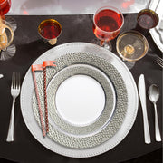 Chic event setup showcasing the White with Silver Hammered Rim Round Plastic Wedding Value Set with coordinated silver cutlery for a polished look