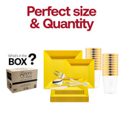 Chic event setup using the Yellow Square Disposable Plastic Tableware Set, perfect for lively, colorful, upscale occasions
