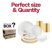 Chic event table beautifully styled with the White with Gold Organic Disposable Tableware Set’s elegant plates, bowls, and utensils