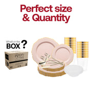 Chic event table setting enhanced by the Pink with Gold Blossom Rim Disposable Plastic Tableware Set’s graceful plates and bowls